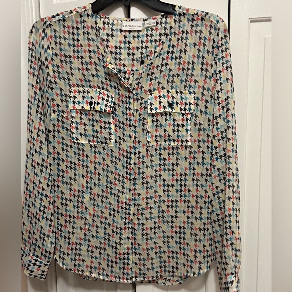 Liz Claiborne colorful thin almost sheer blouse with geometric design. Petite M
